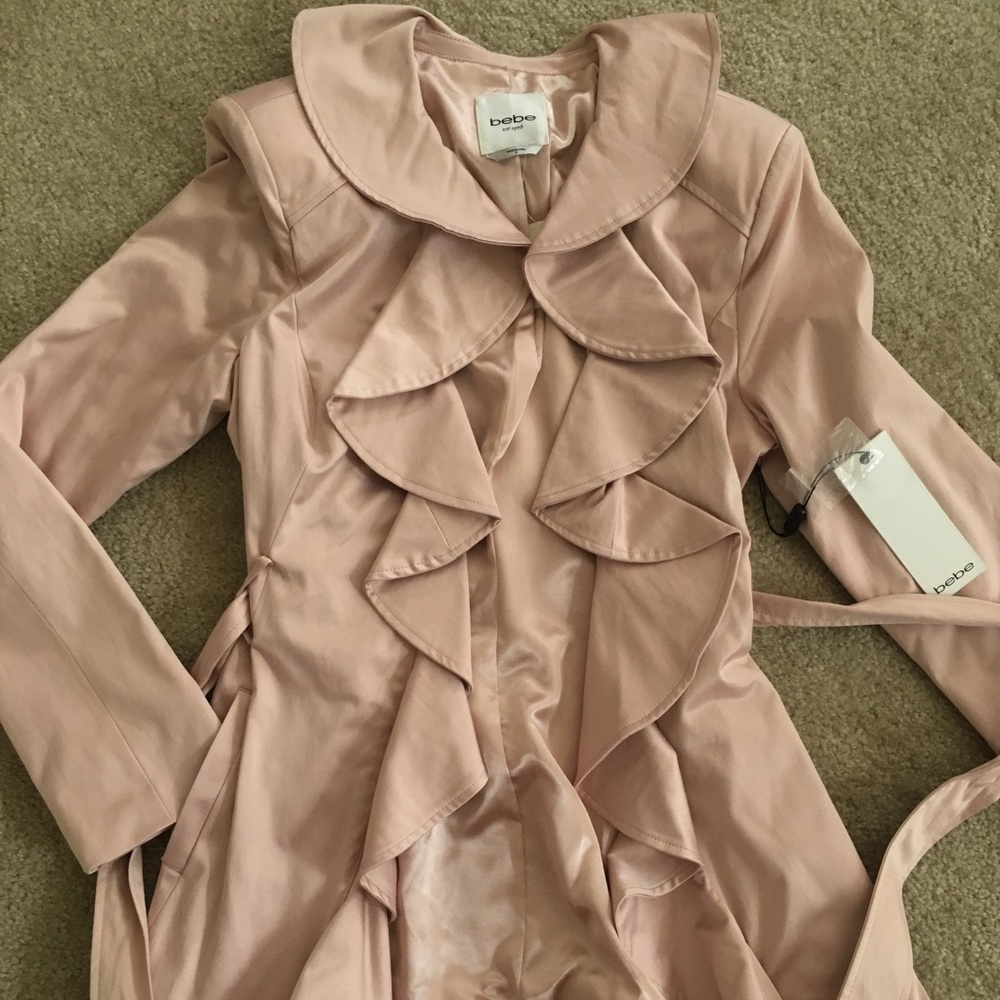 Bebe NWT Pink Sateen Ruffle Trench Coat